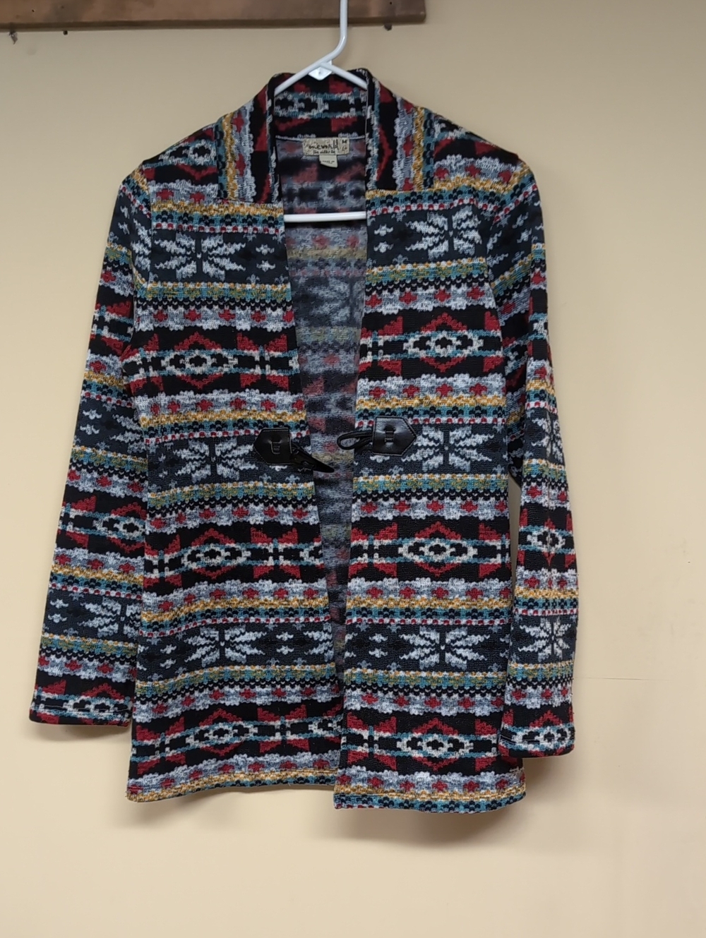 Kensie Black Multicolor Geometric Open-Front Toggle Jacket